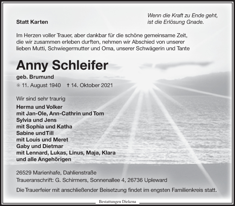 Traueranzeige für Anny Schleifer vom 16.10.2021 aus 