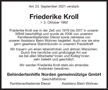 Traueranzeige von Friederike Kroll 
