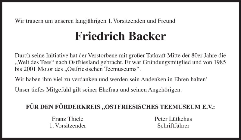  Traueranzeige für Friedrich Backer vom 15.10.2021 aus 
