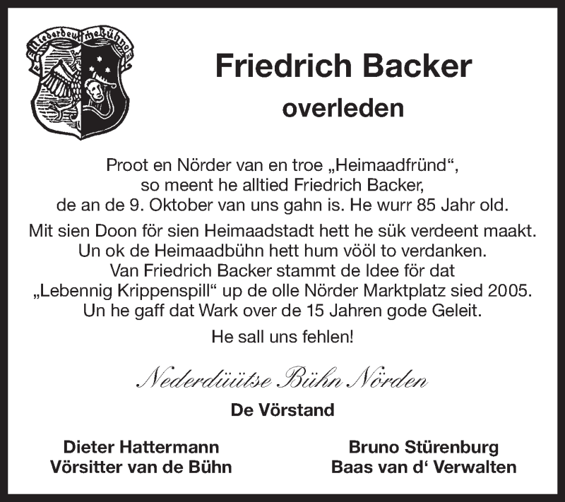  Traueranzeige für Friedrich Backer vom 14.10.2021 aus 