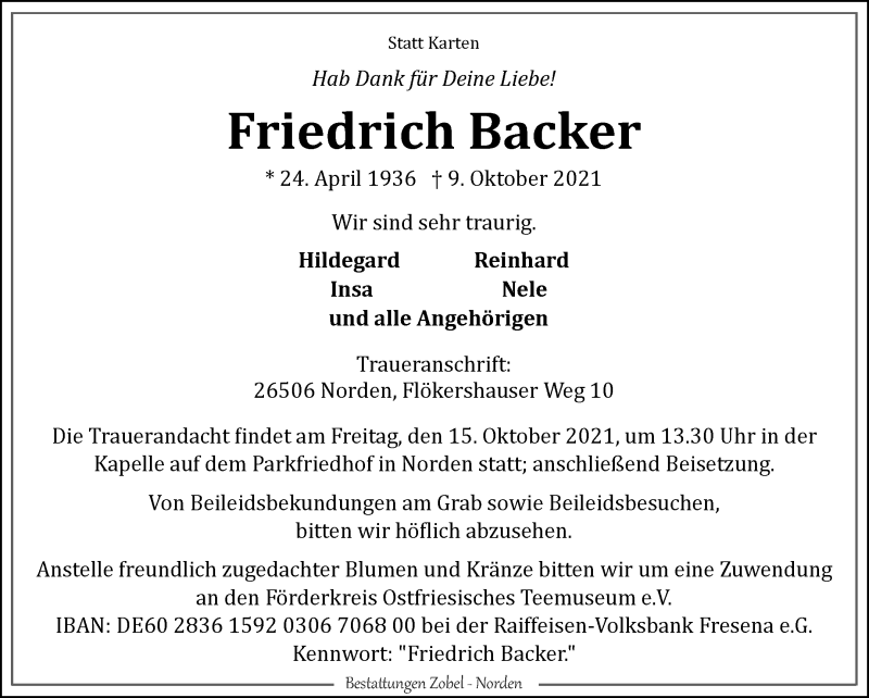  Traueranzeige für Friedrich Backer vom 12.10.2021 aus 