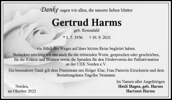 Traueranzeige von Gertrud Harms 