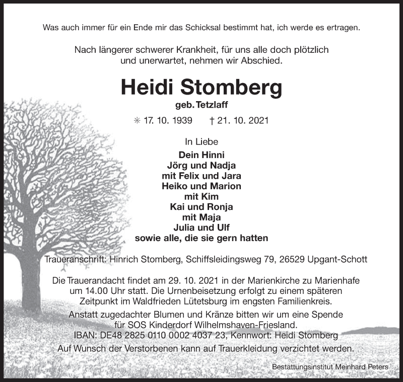  Traueranzeige für Heidi Stomberg vom 26.10.2021 aus 