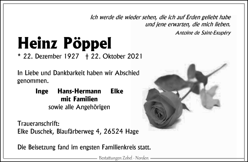  Traueranzeige für Heinz Pöppel vom 30.10.2021 aus 