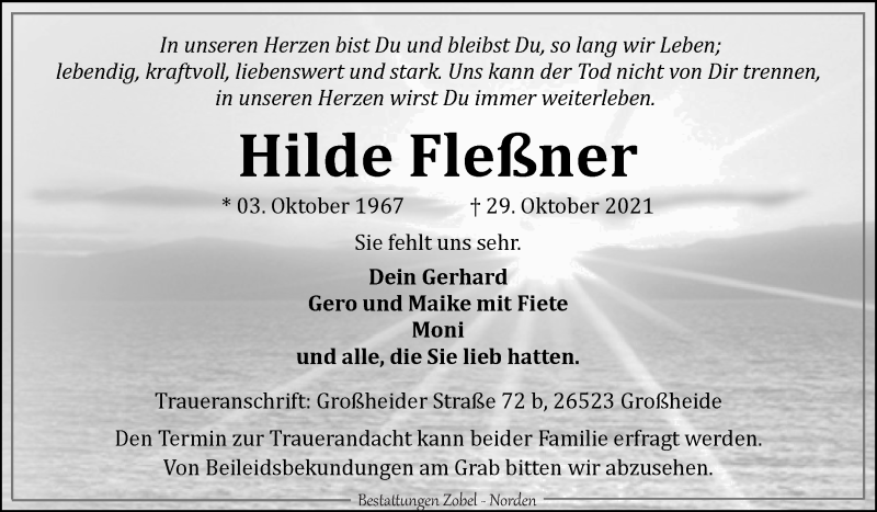  Traueranzeige für Hilde Fleßner vom 30.10.2021 aus 
