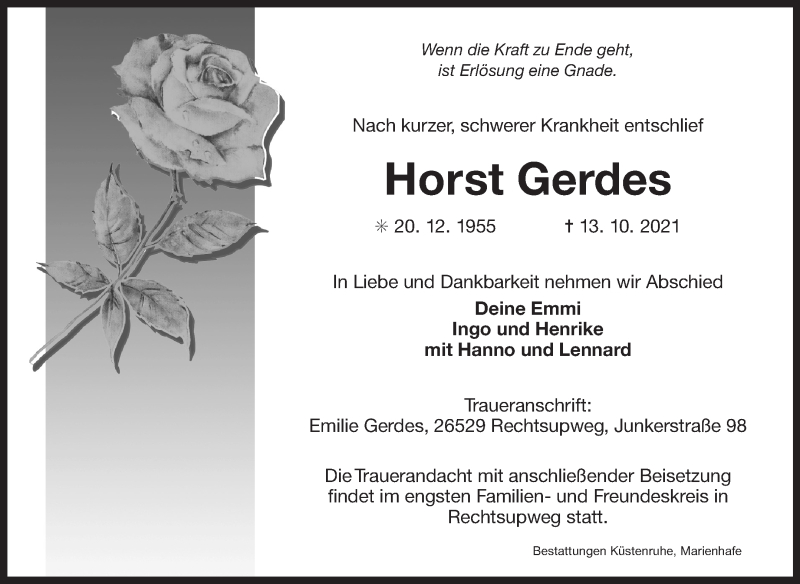  Traueranzeige für Horst Gerdes vom 16.10.2021 aus 