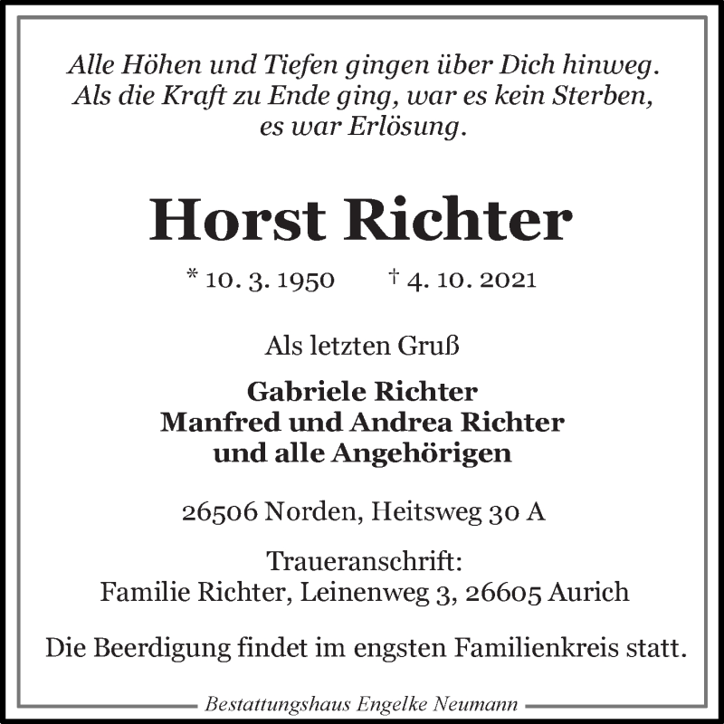  Traueranzeige für Horst Richter vom 06.10.2021 aus 