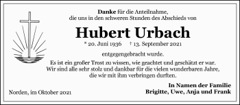 Traueranzeige von Hubert Urbach 