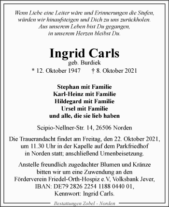 Traueranzeige von Ingrid Carls 