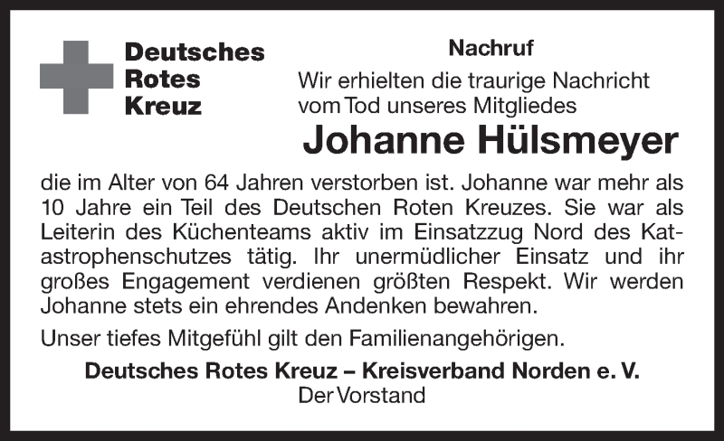  Traueranzeige für Johanne Hülsmeyer vom 16.10.2021 aus 