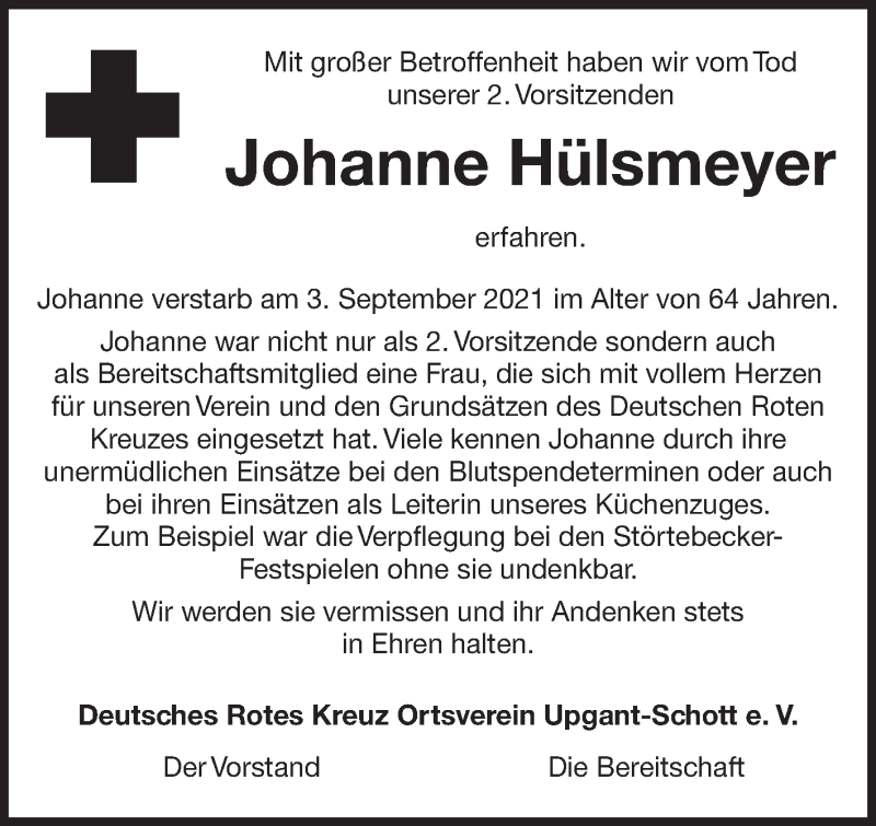  Traueranzeige für Johanne Hülsmeyer vom 09.10.2021 aus 