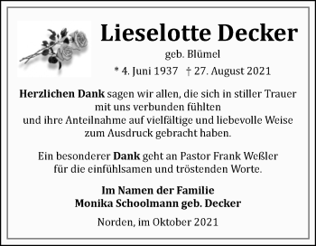 Traueranzeige von Lieselotte Decker 