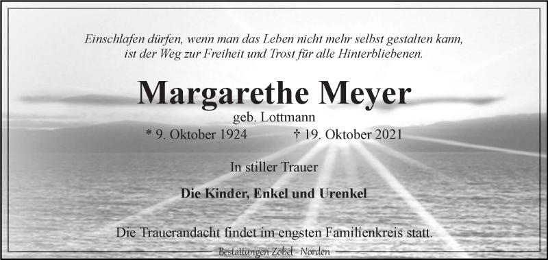  Traueranzeige für Margarethe Meyer vom 23.10.2021 aus 
