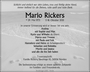 Traueranzeige von Mario Rickers 