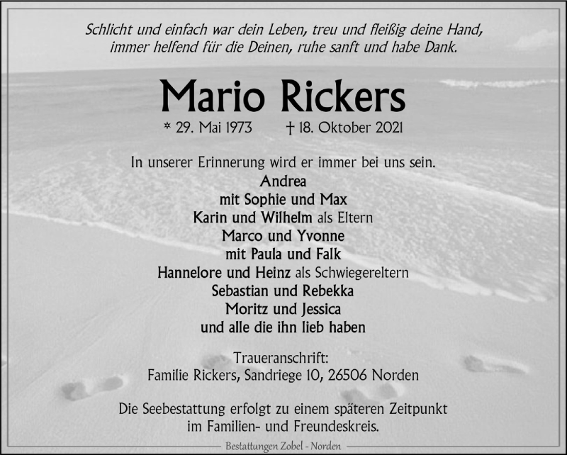  Traueranzeige für Mario Rickers vom 23.10.2021 aus 