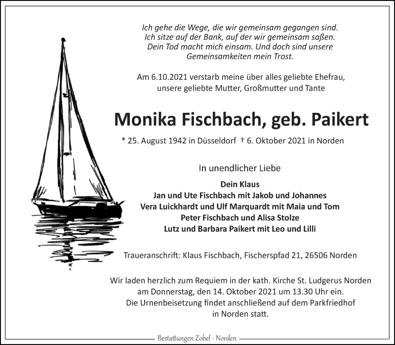  Traueranzeige für Monika Fischbach vom 09.10.2021 aus 