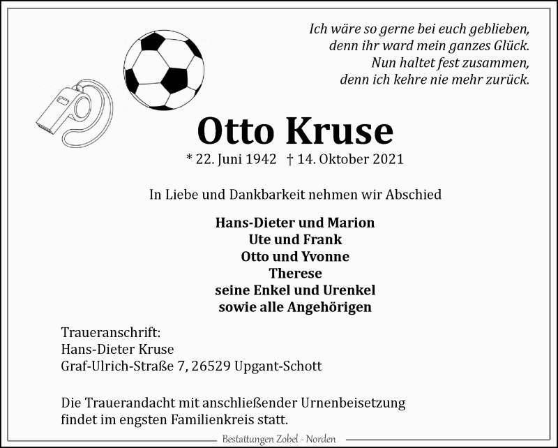  Traueranzeige für Otto Kruse vom 16.10.2021 aus 