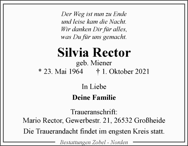  Traueranzeige für Silvia Rector vom 09.10.2021 aus 