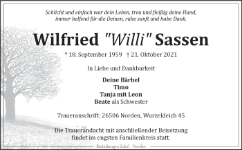 Traueranzeige von Wilfried Sassen 