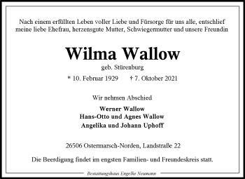 Traueranzeige von Wilma Wallow 