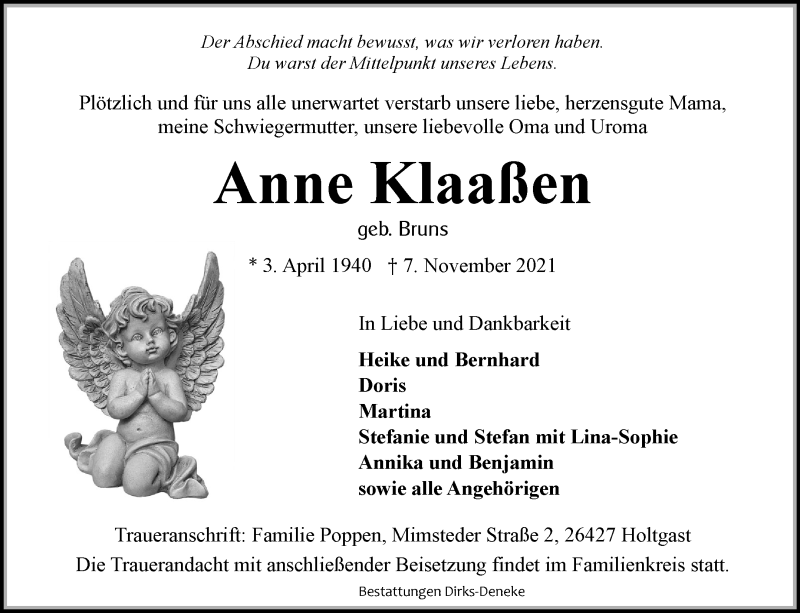  Traueranzeige für Anne Klaaßen vom 09.11.2021 aus 