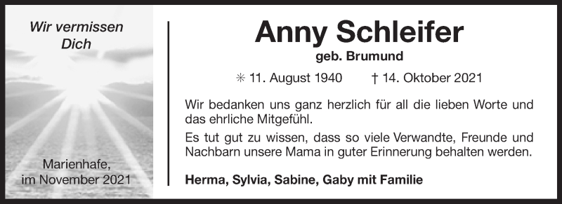  Traueranzeige für Anny Schleifer vom 20.11.2021 aus 