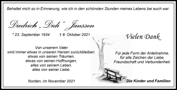 Traueranzeige von Diedrich Janssen 