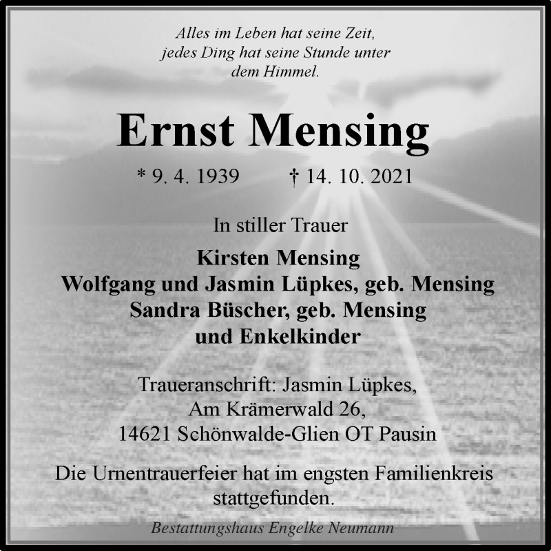  Traueranzeige für Ernst Mensing vom 02.11.2021 aus 