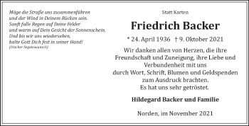 Traueranzeige von Friedrich Backer 