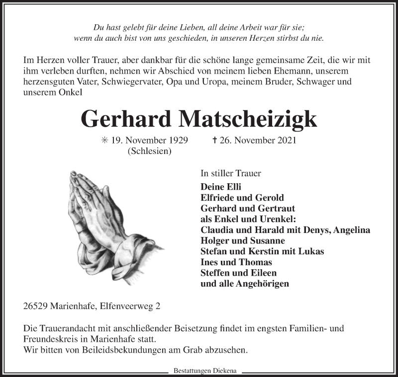  Traueranzeige für Gerhard Matscheizigk vom 27.11.2021 aus 