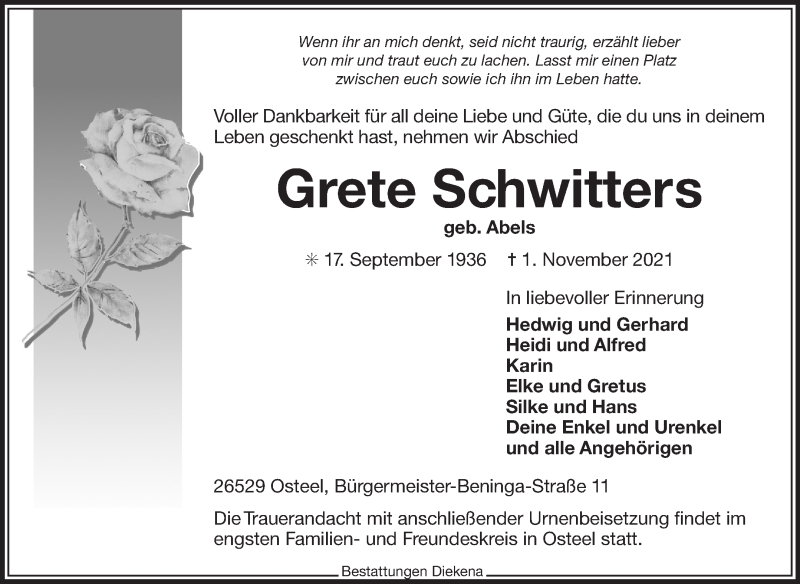  Traueranzeige für Grete Schwitters vom 03.11.2021 aus 