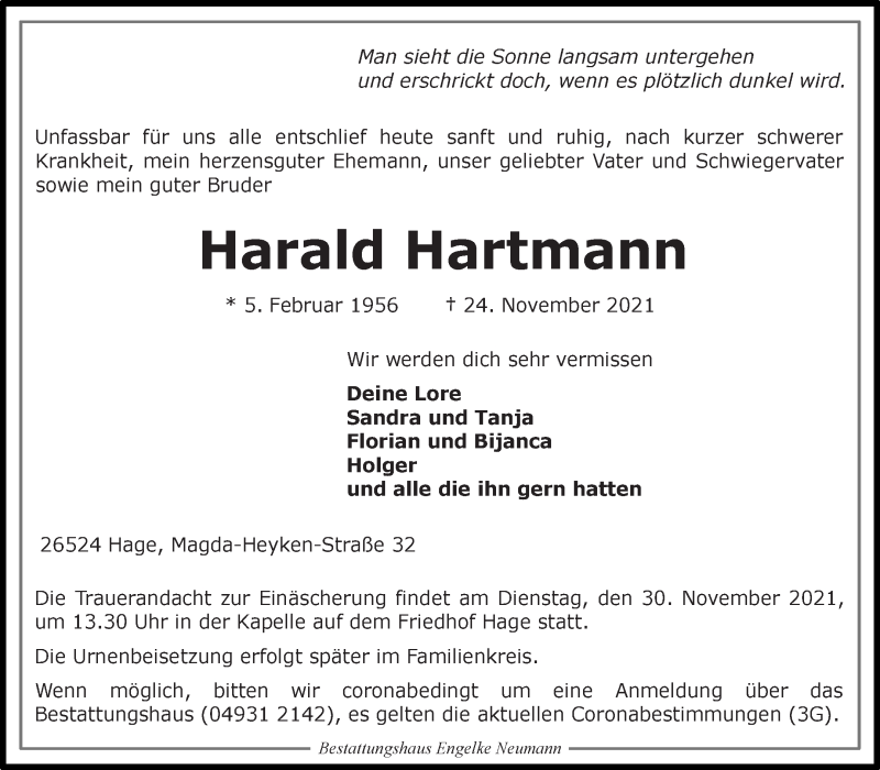  Traueranzeige für Harald Hartmann vom 27.11.2021 aus 