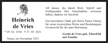 Traueranzeige von Heinrich de Vries 