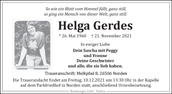 Traueranzeige von Helga Gerdes 