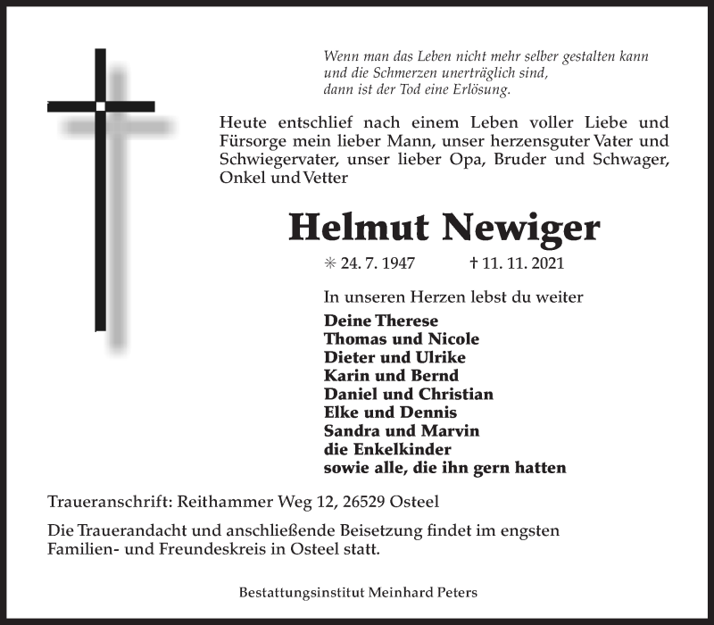  Traueranzeige für Helmut Newiger vom 13.11.2021 aus 
