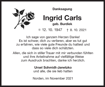 Traueranzeige von Ingrid Carls 