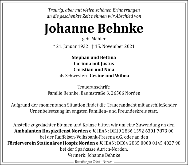  Traueranzeige für Johanne Behnke vom 18.11.2021 aus 