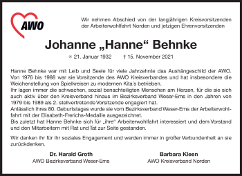 Traueranzeige von Johanne Behnke 