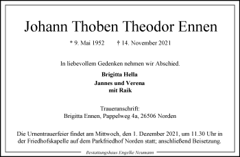 Traueranzeige von Johann Thoben Theodor Ennen 