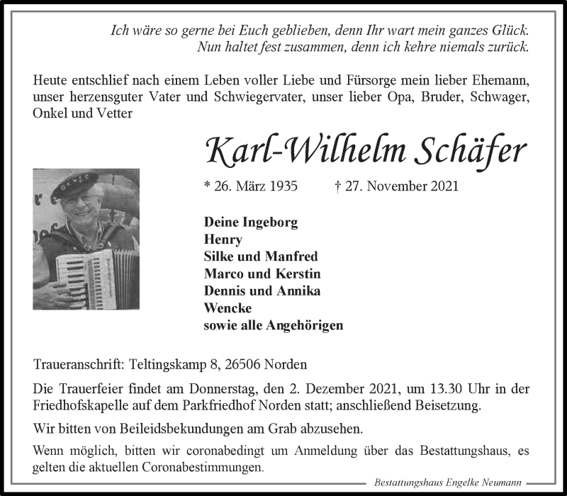  Traueranzeige für Karl-Wilhelm Schäfer vom 30.11.2021 aus 