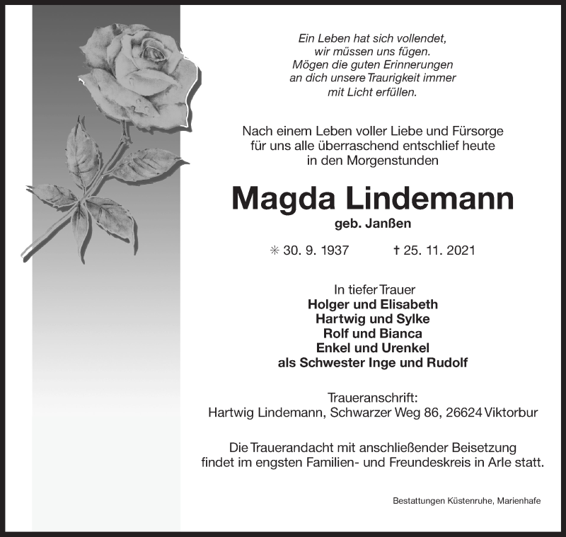  Traueranzeige für Magda Lindemann vom 27.11.2021 aus 