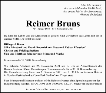 Traueranzeige von Reimer Bruns 