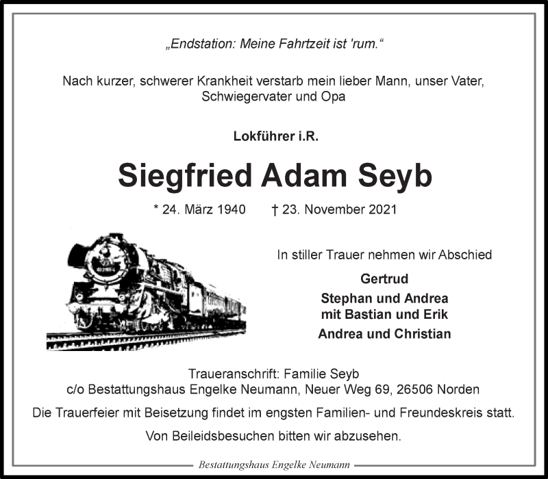  Traueranzeige für Siegfried Adam Seyb vom 27.11.2021 aus 