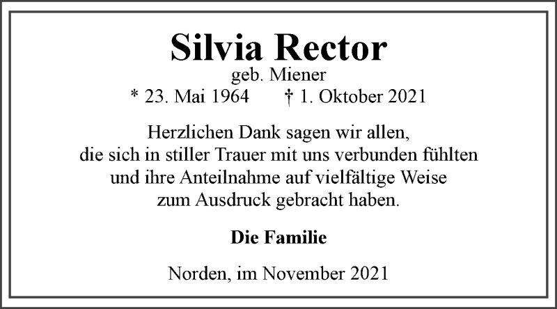  Traueranzeige für Silvia Rector vom 20.11.2021 aus 