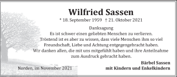 Traueranzeige von Wilfried Sassen 