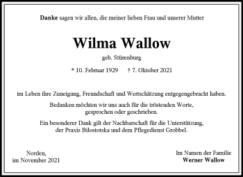 Traueranzeige von Wilma Wallow 