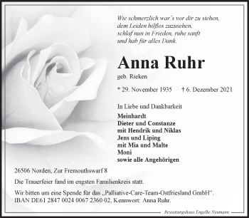 Traueranzeige von Anna Ruhr 