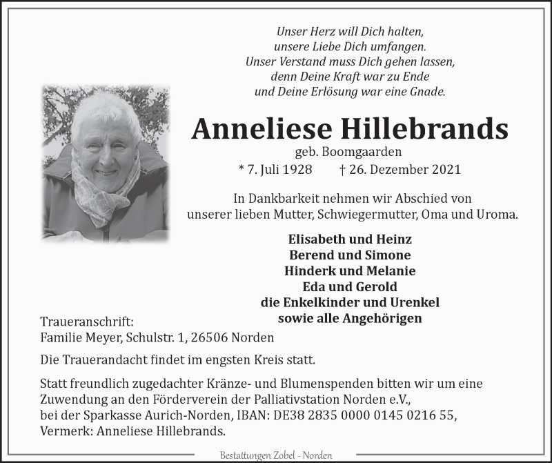  Traueranzeige für Anneliese Hillebrands vom 29.12.2021 aus 