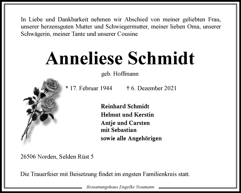  Traueranzeige für Anneliese Schmidt vom 09.12.2021 aus 