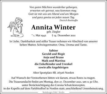 Traueranzeige von Annita Winter 